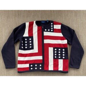Karen Scott American Flag USA Grandma Sweater Womens Large Full Zip Patriotic